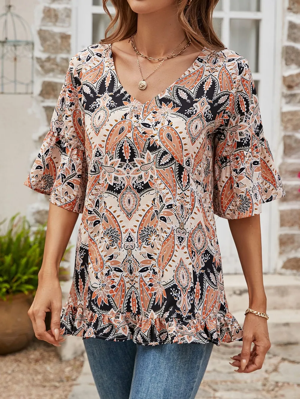 Printed Flounce Sleeve Ruffle Hem Blouse, image 11
