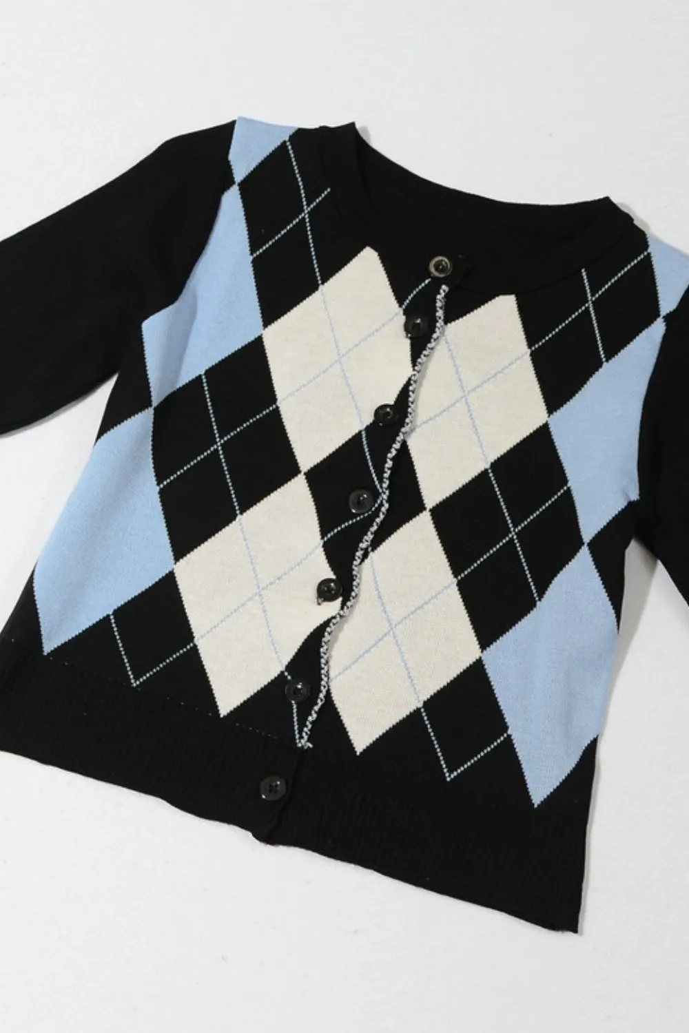 Argyle Round Neck Ribbed Trim Cardigan, image 7
