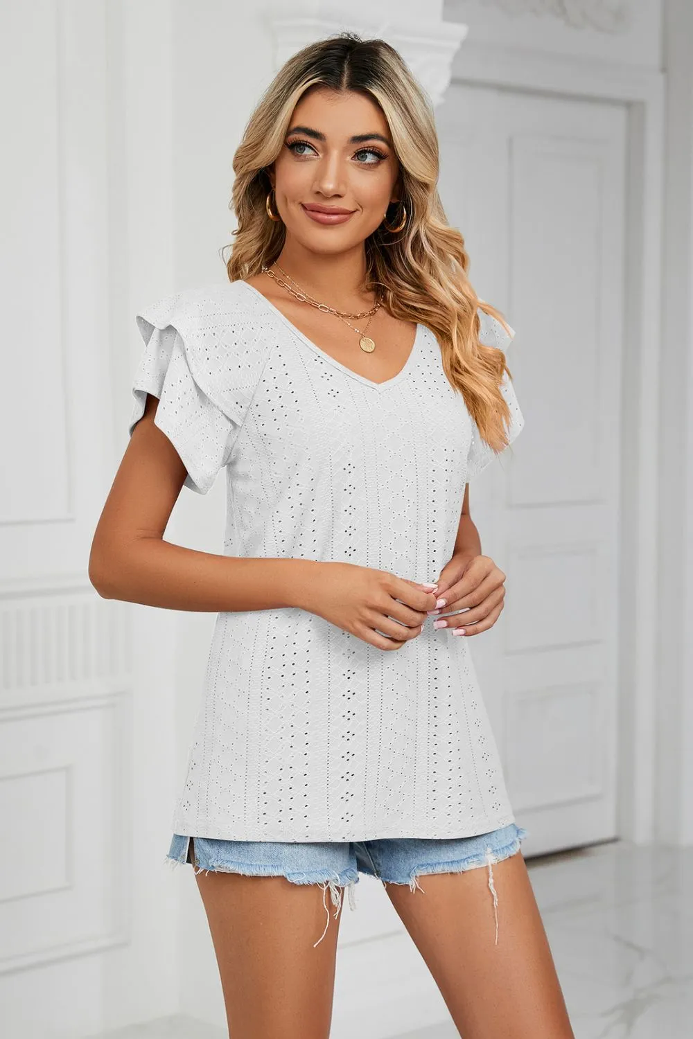Eyelet Layered Flutter Sleeve V-Neck Knit Top, image 20