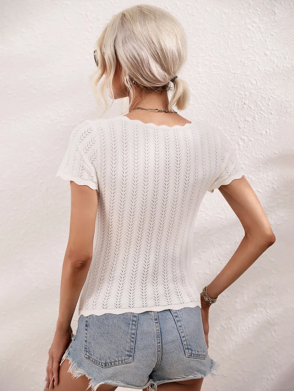 Scalloped Hem Square Neck Knit Top, image 3