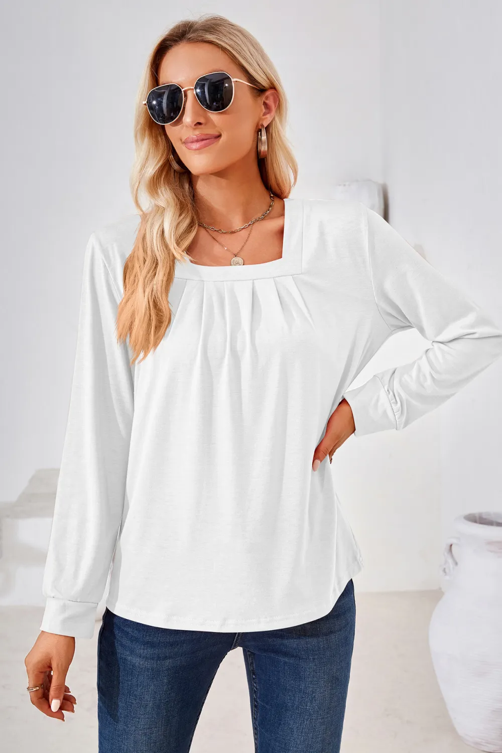 Square Neck Ruched Long Sleeve Blouse, image 5