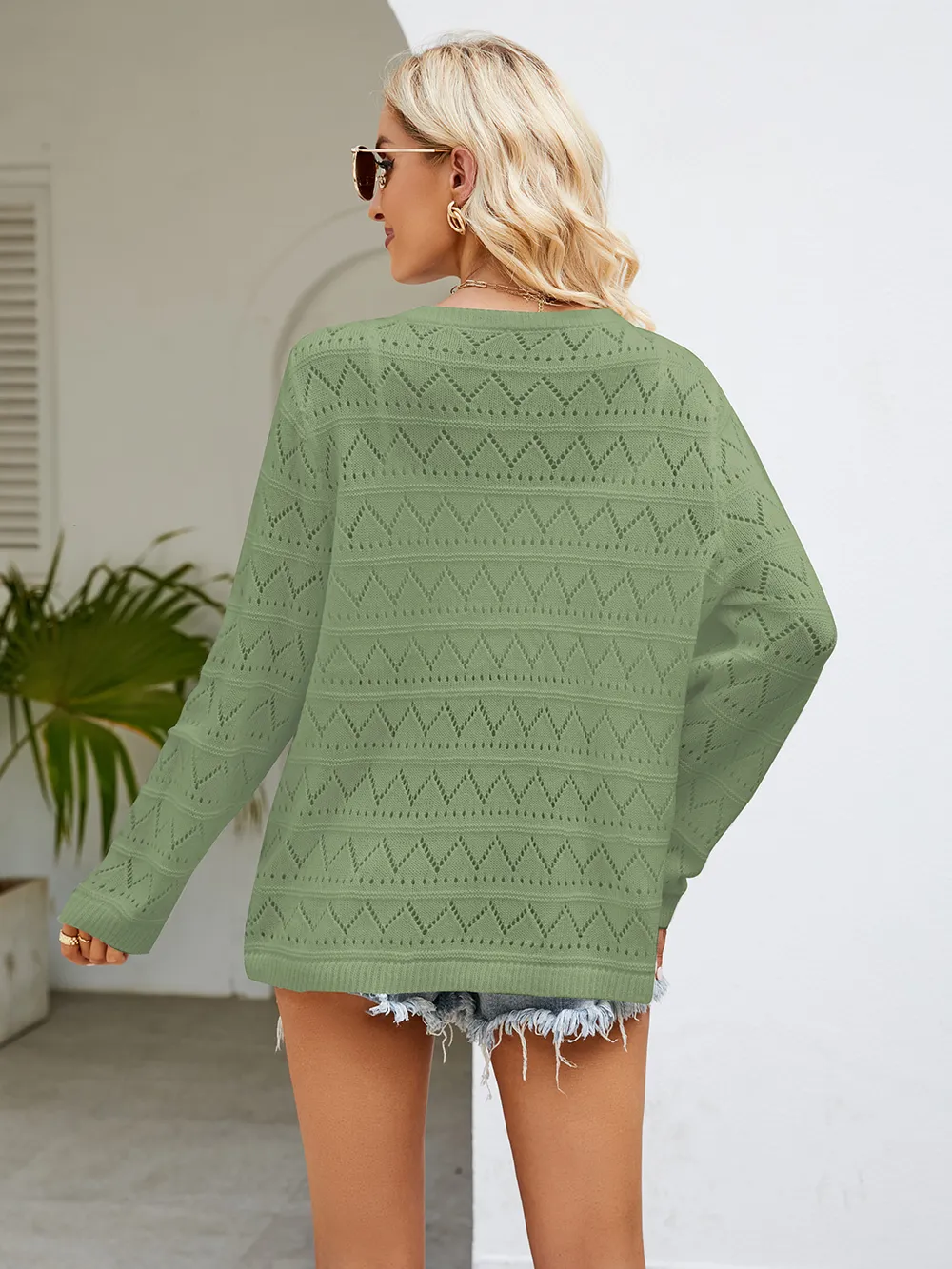 Round Neck Openwork Long Sleeve Knit Top, image 10