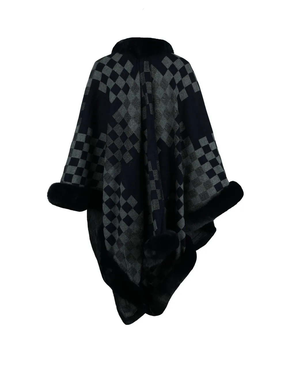 Checkered Faux Fur Trim Poncho, image 8
