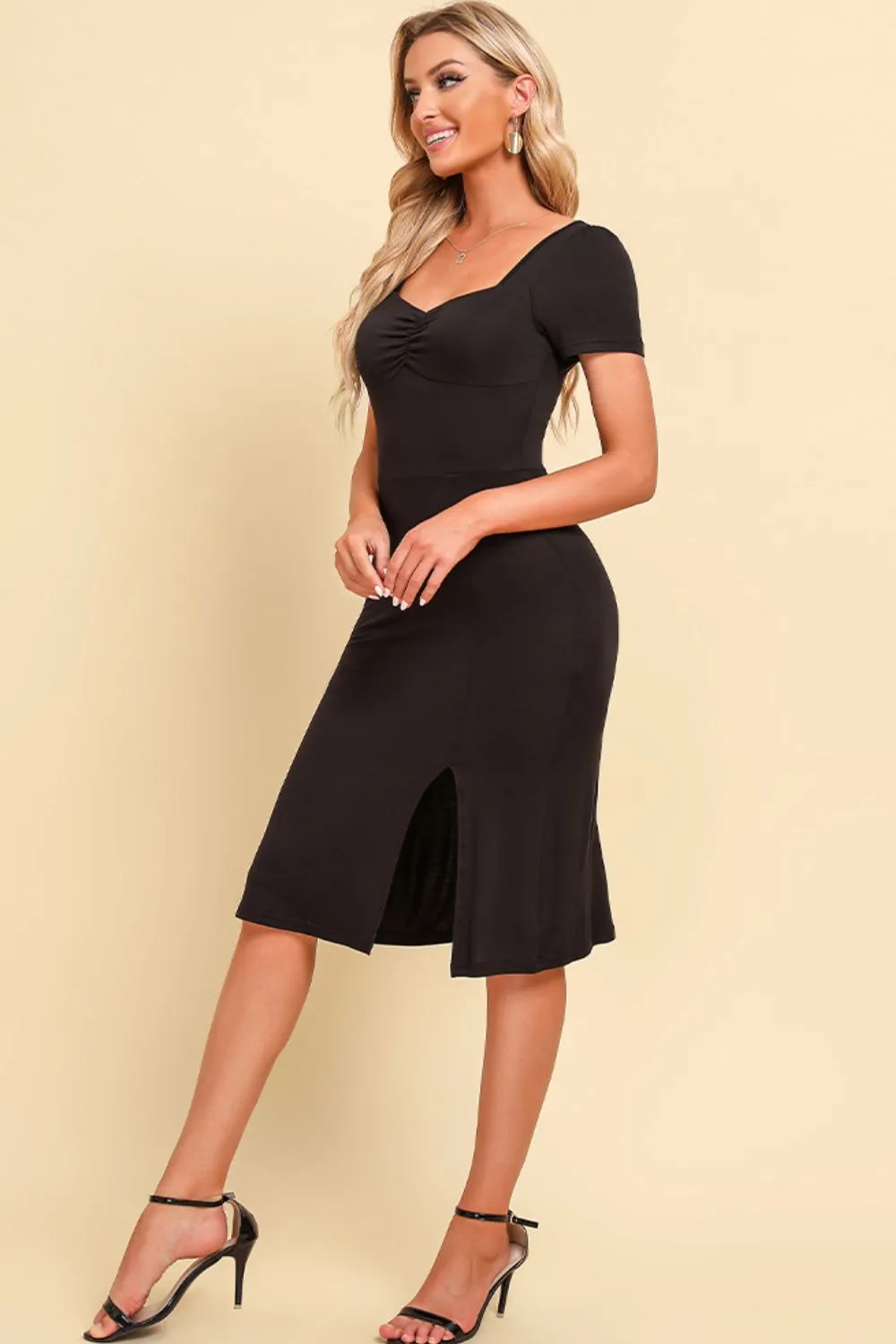 Ruched Sweetheart Neck Short Sleeve Slit Dress, image 8