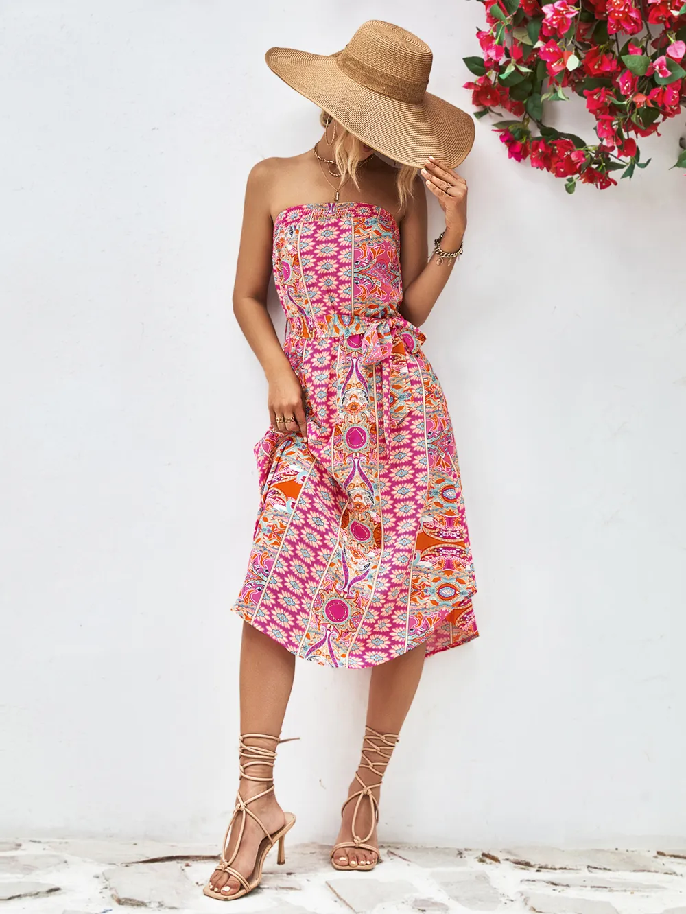 Printed Strapless Tie Belt Dress, image 15