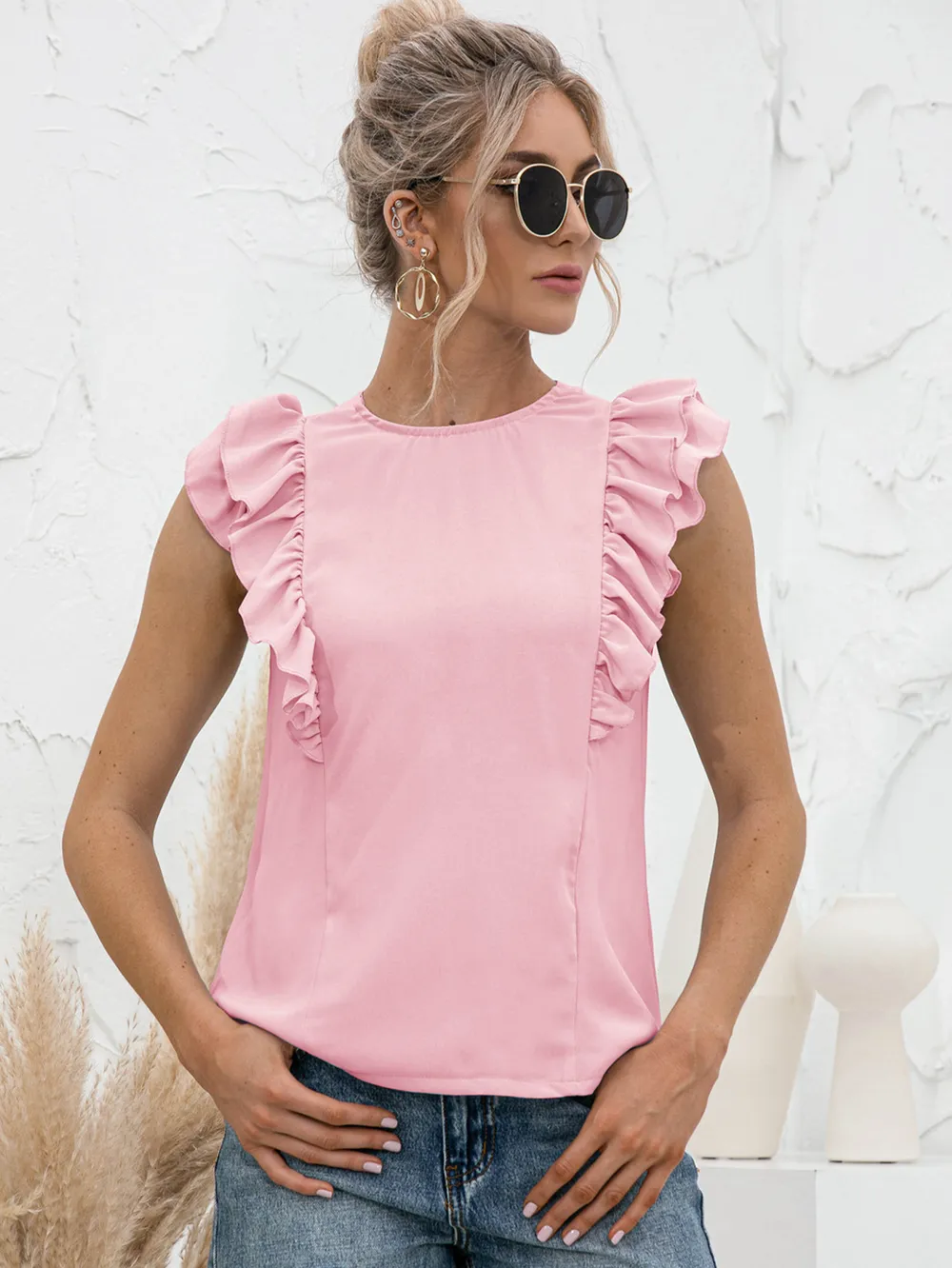 Round Neck Tied Open Back Flutter Sleeve Top, image 7