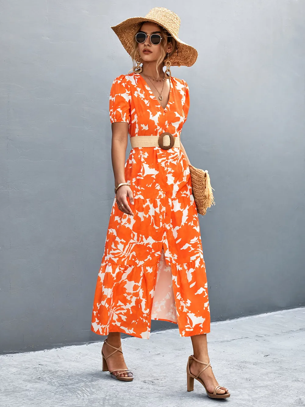 V-Neck Short Sleeve High Slit Midi Dress, image 10