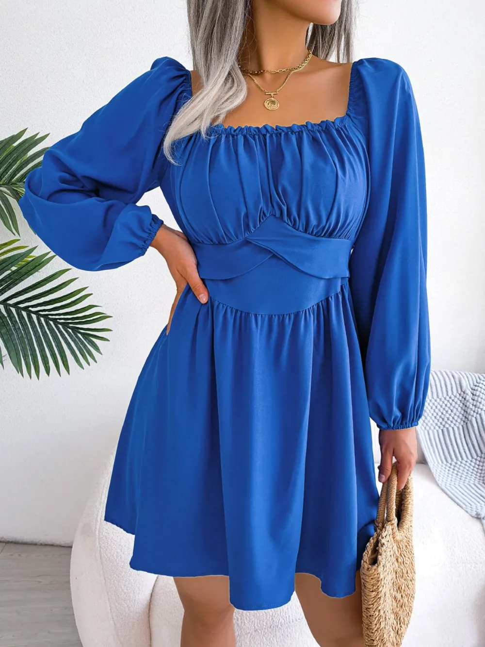Tied Square Neck Balloon Sleeve Dress, image 7