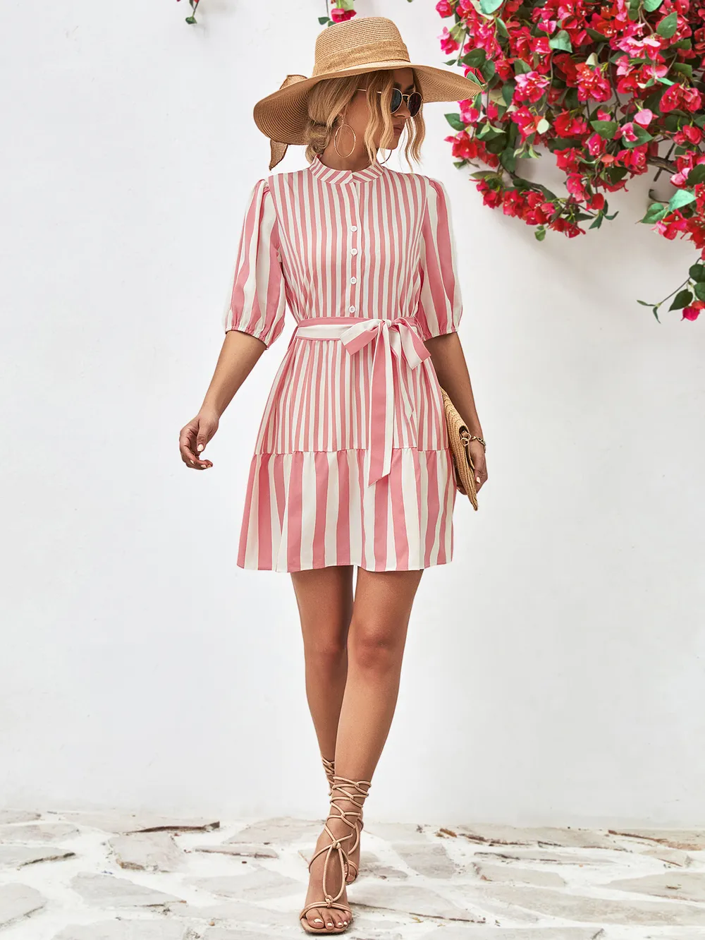 Striped Half Sleeve Tie Waist Mini Dress, image 15