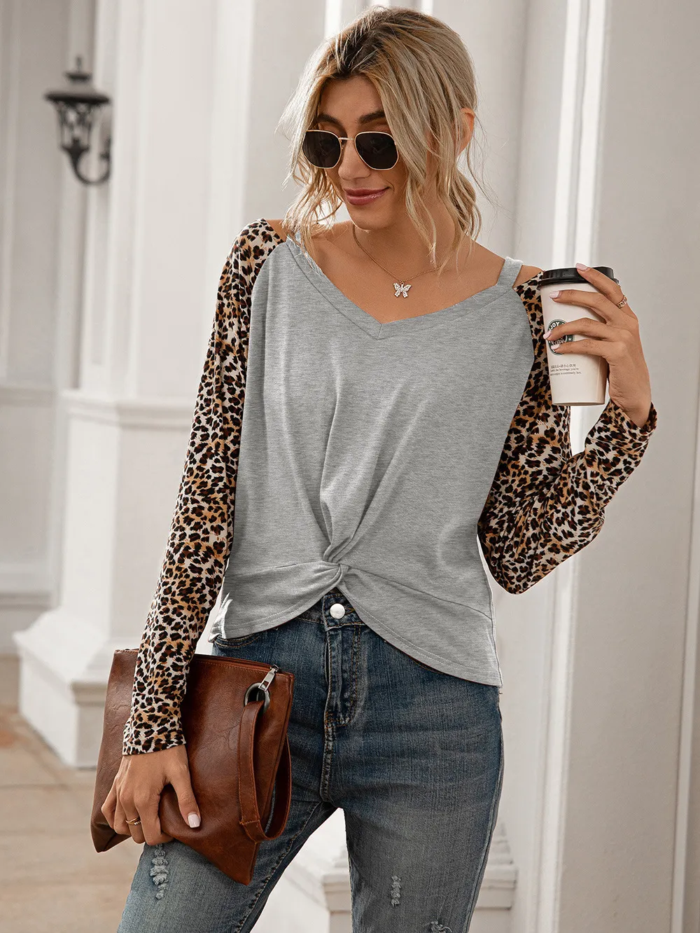 Leopard Twist Front Cold-Shoulder Tee, image 8