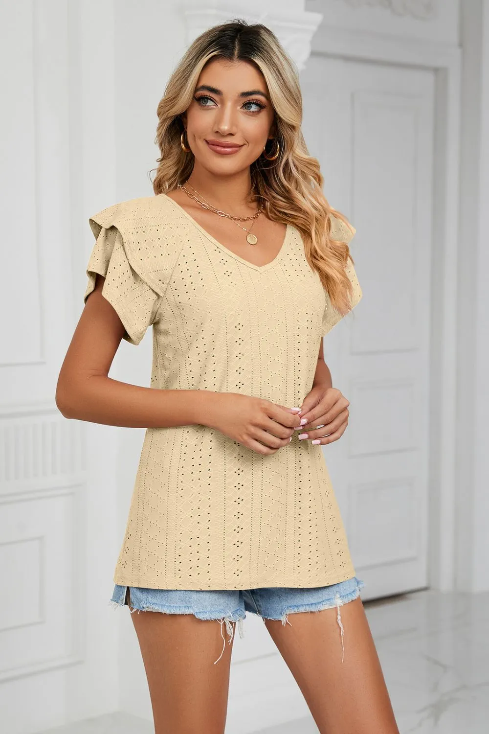 Eyelet Layered Flutter Sleeve V-Neck Knit Top, image 12