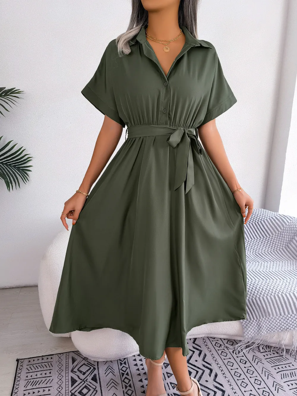 Short Sleeve Collared Tie Belt Dress, image 7