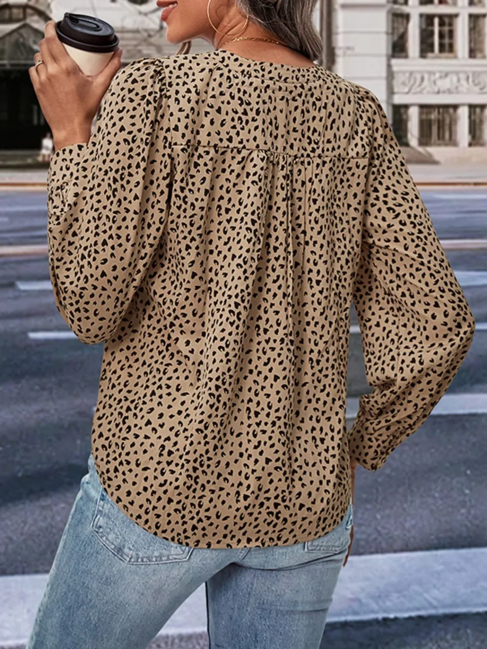 Leopard Notched Neck Puff Sleeve Blouse, image 2