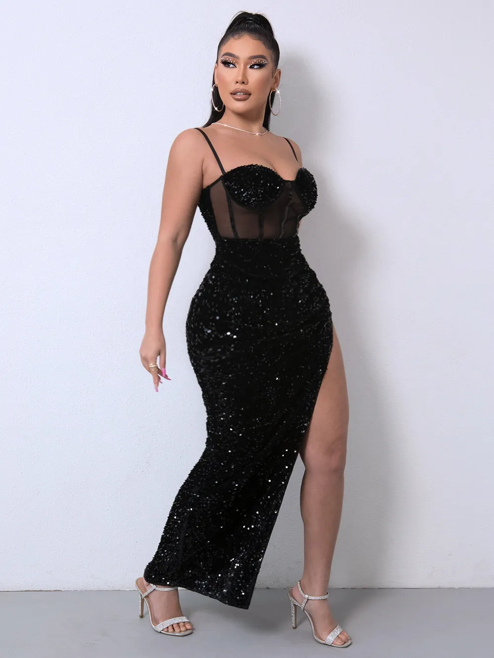 Sequin Spliced Mesh Adjustable Strap Dress, image 10