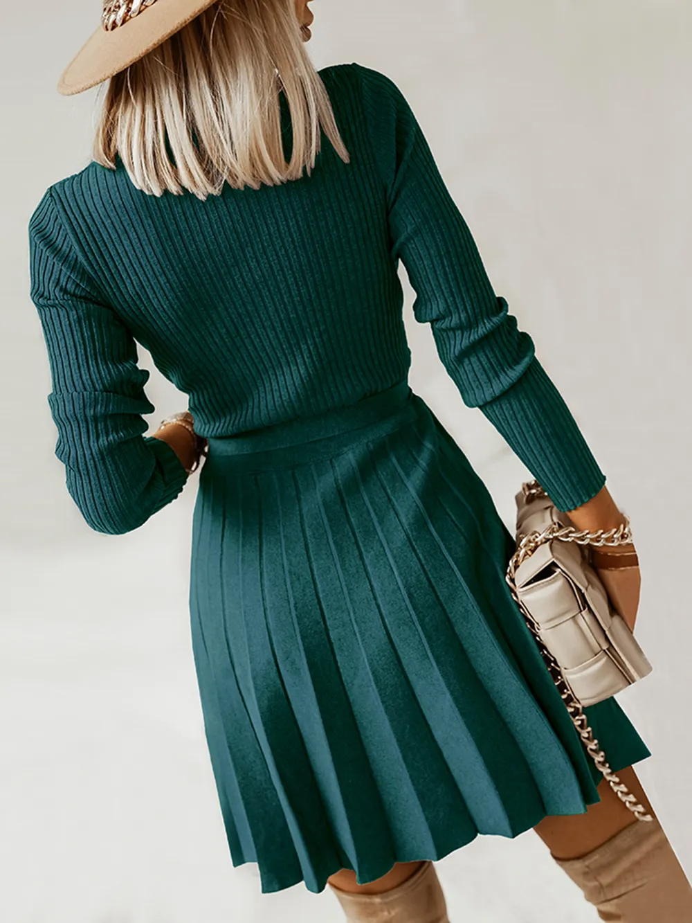 Surplice Neck Tie Front Pleated Sweater Dress, image 3