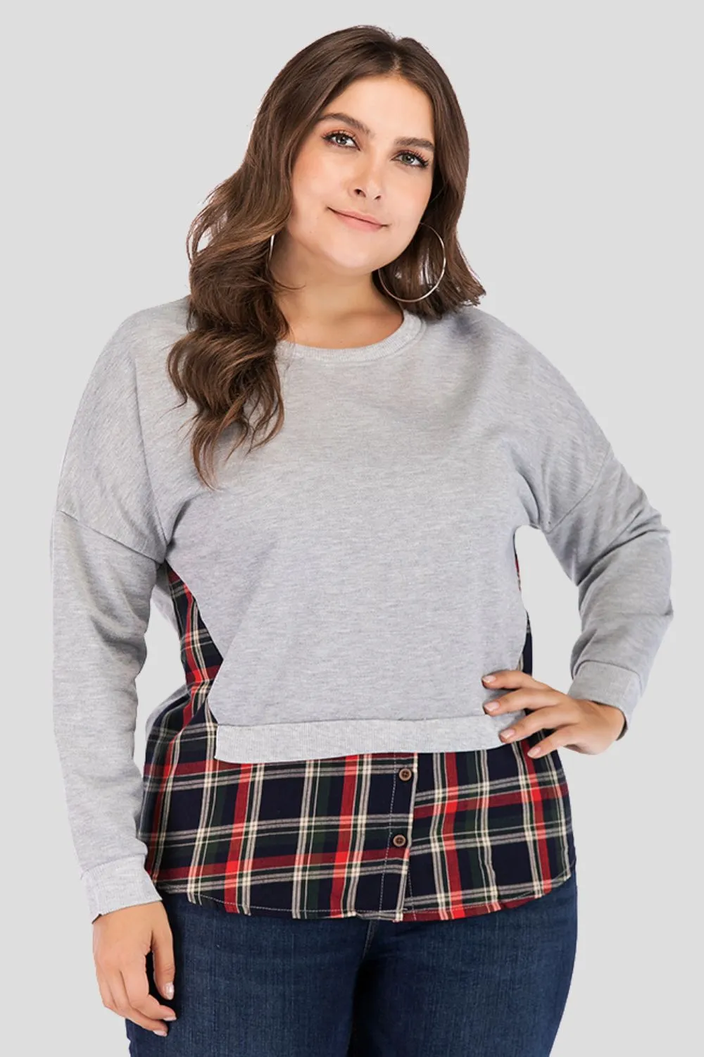 Full Size Plaid Patch Drop Shoulder Round Neck Top, image 7