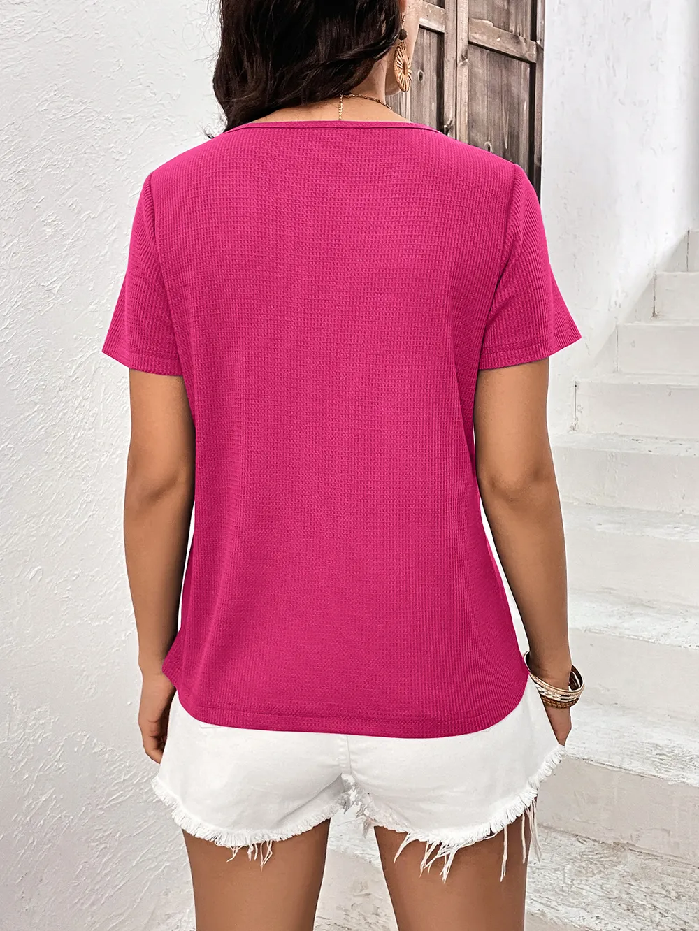 Lace Trim Contrast Waffle-Knit Top, image 8
