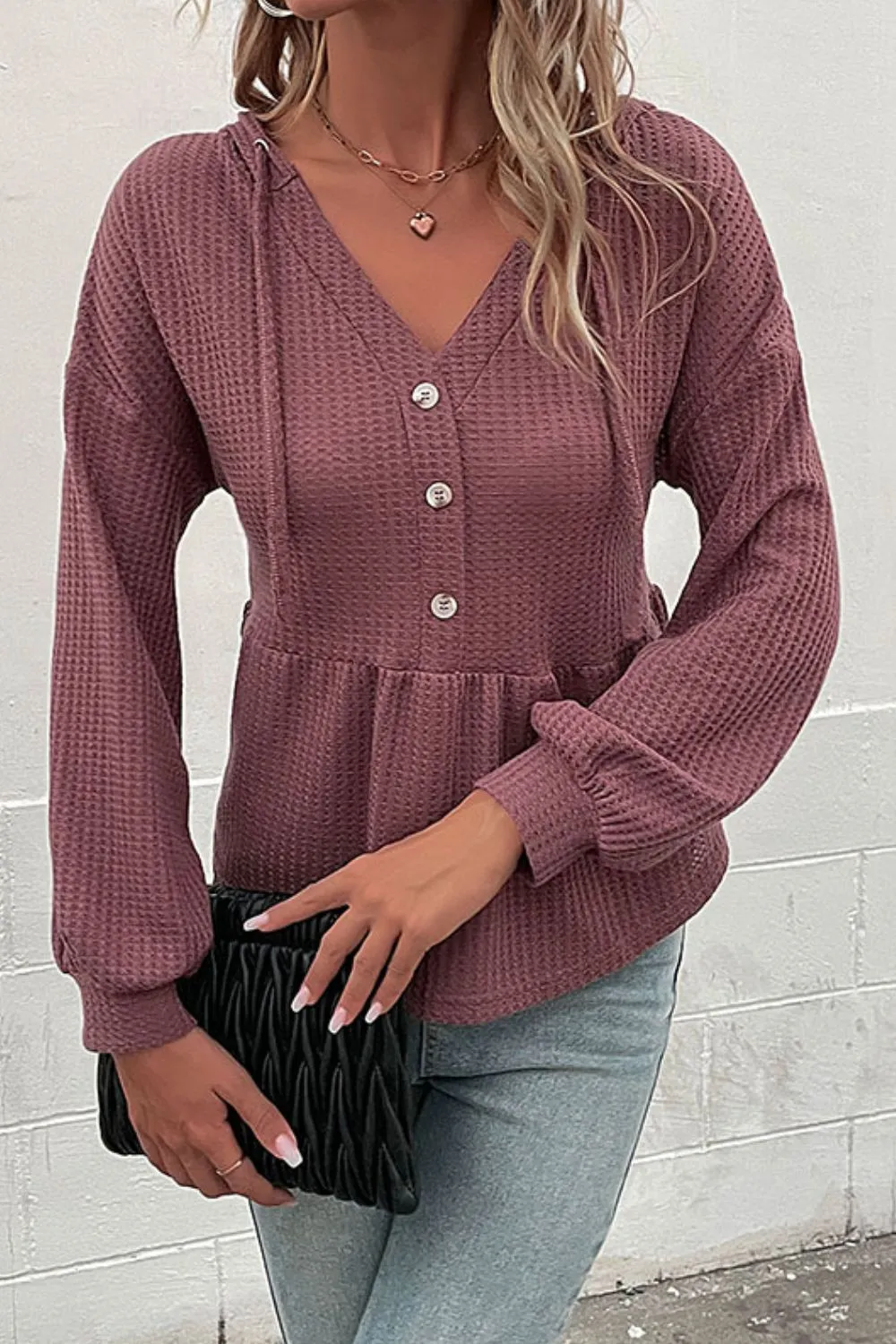Waffle-Knit Buttoned Drop Shoulder Hoodie, image 3