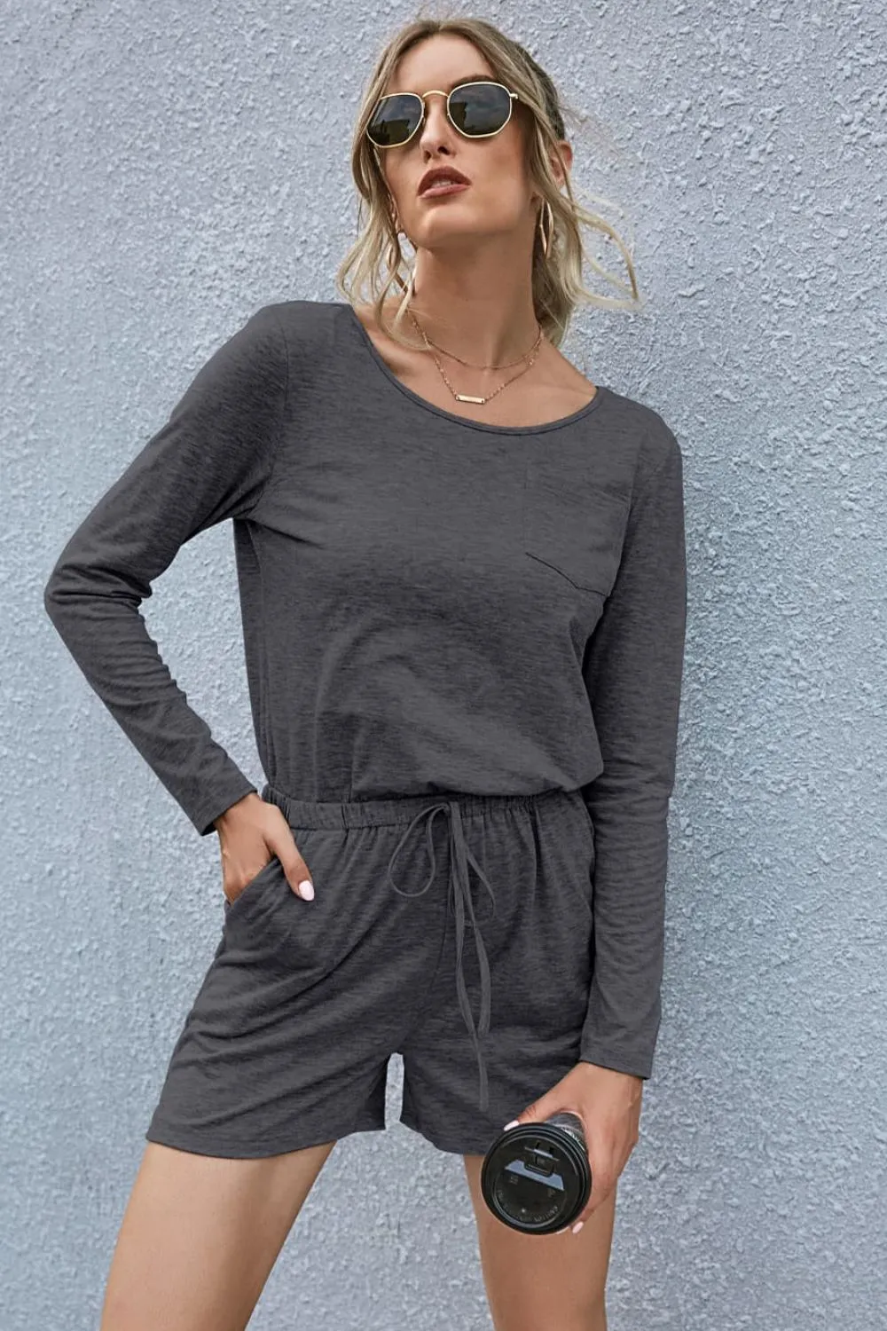 Drawstring Waist Long Sleeve Romper, image 7
