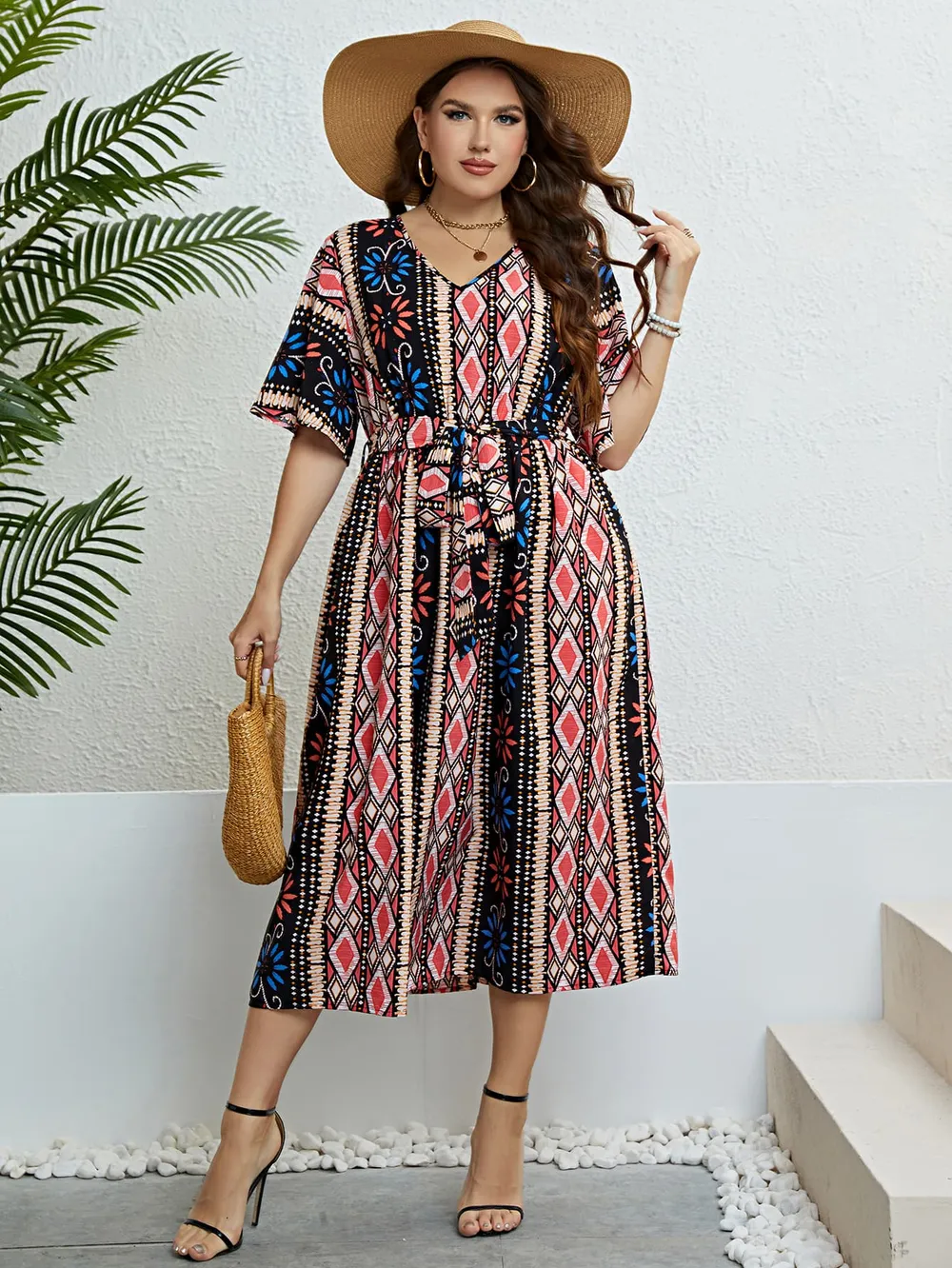 Plus Size Bohemian V-Neck Tie Belt Midi Dress, image 2