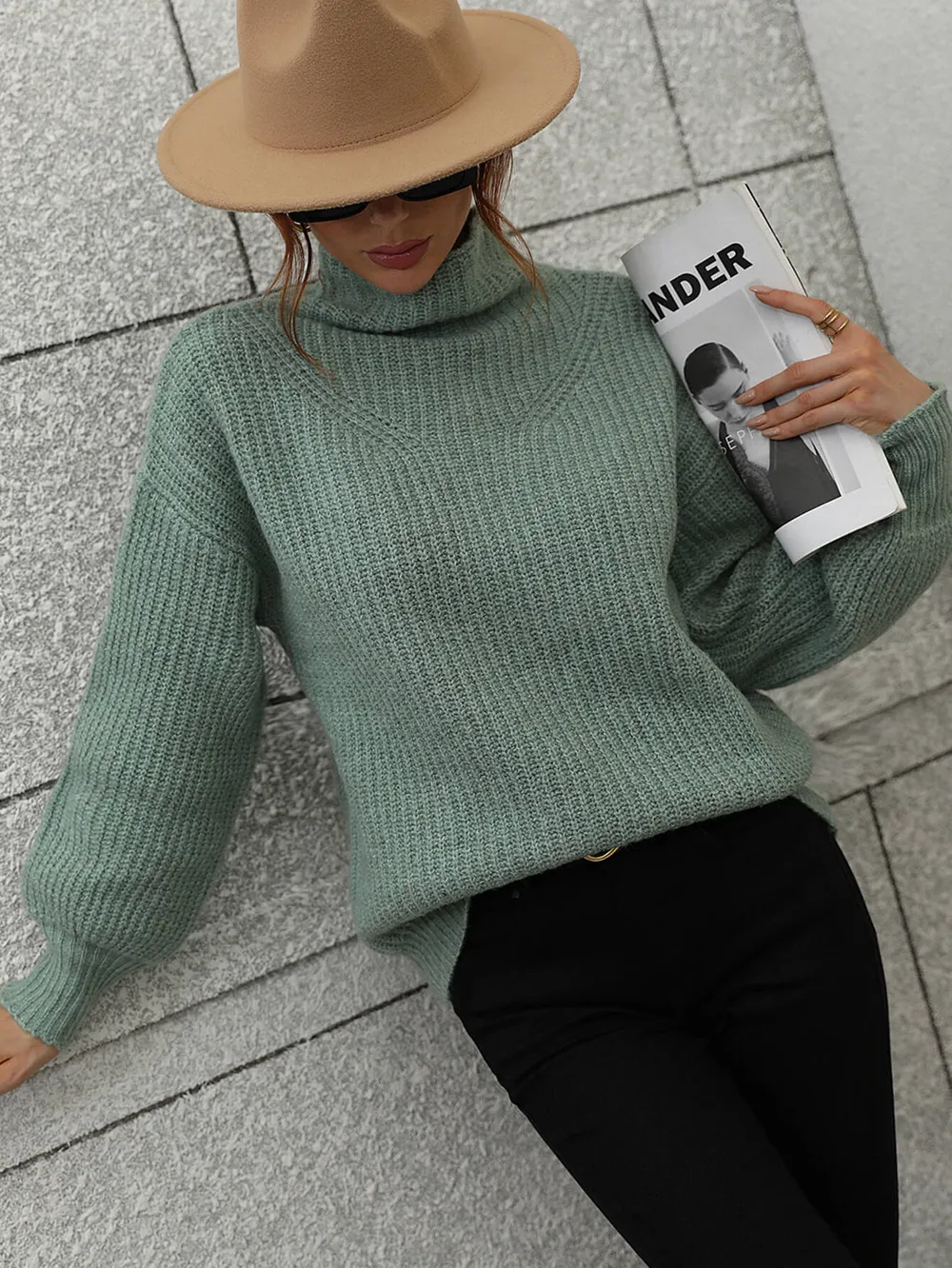 High Neck Balloon Sleeve Rib-Knit Pullover Sweater, image 21