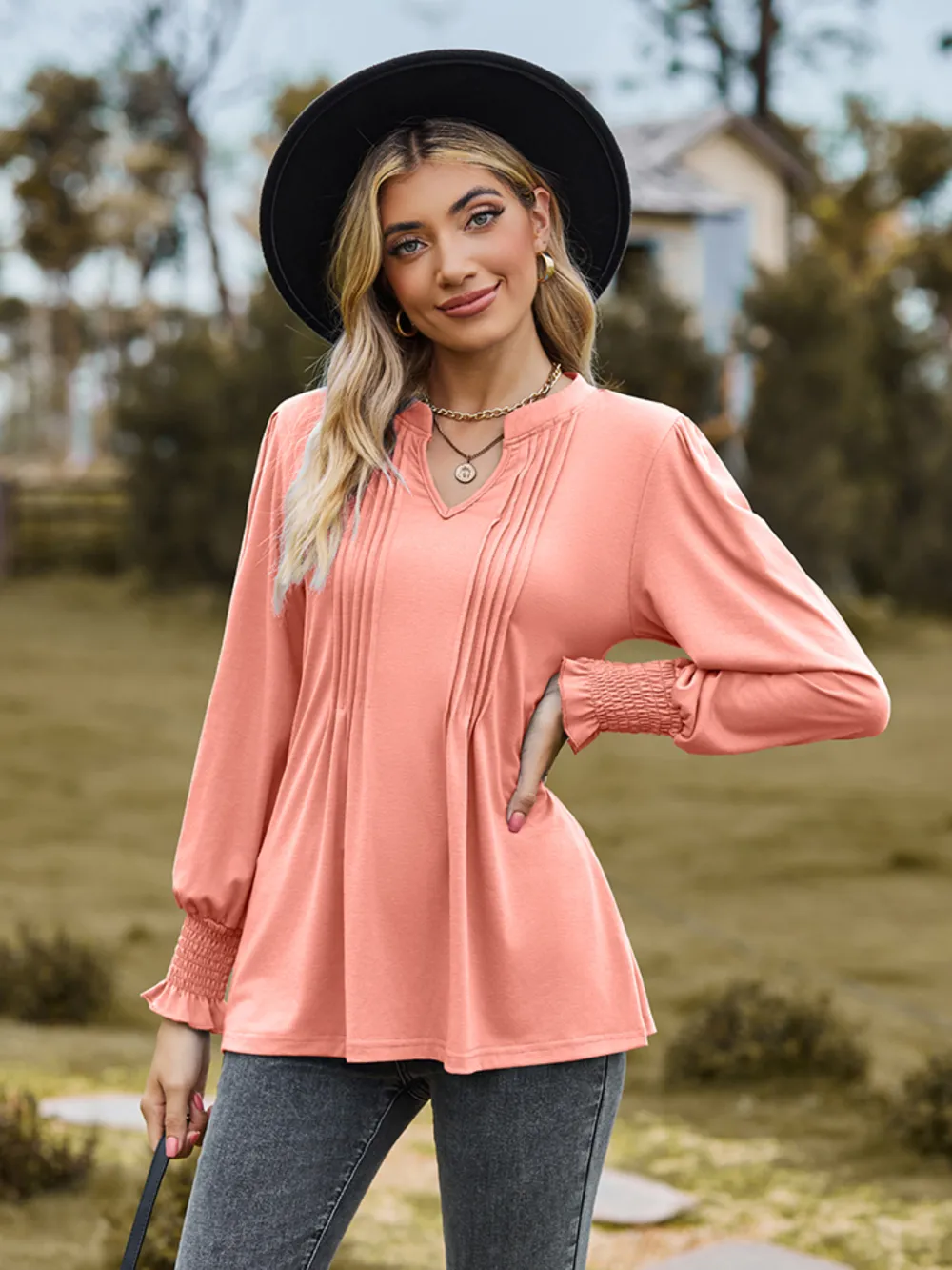 Notched Neck Flounce Sleeve Blouse, image 19