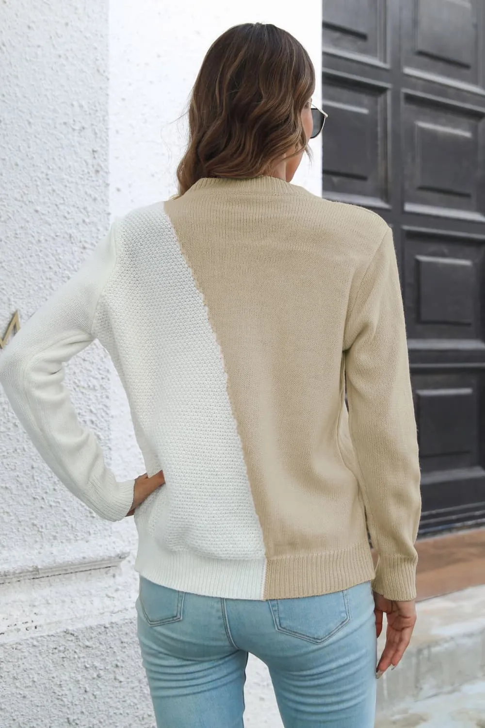 Contrast Color Round Neck Long Sleeve Sweater, image 9