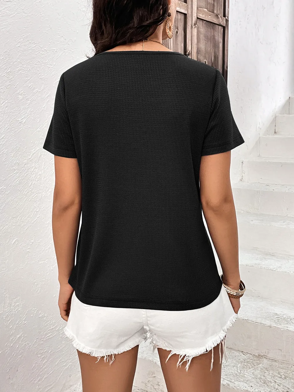 Lace Trim Contrast Waffle-Knit Top, image 9