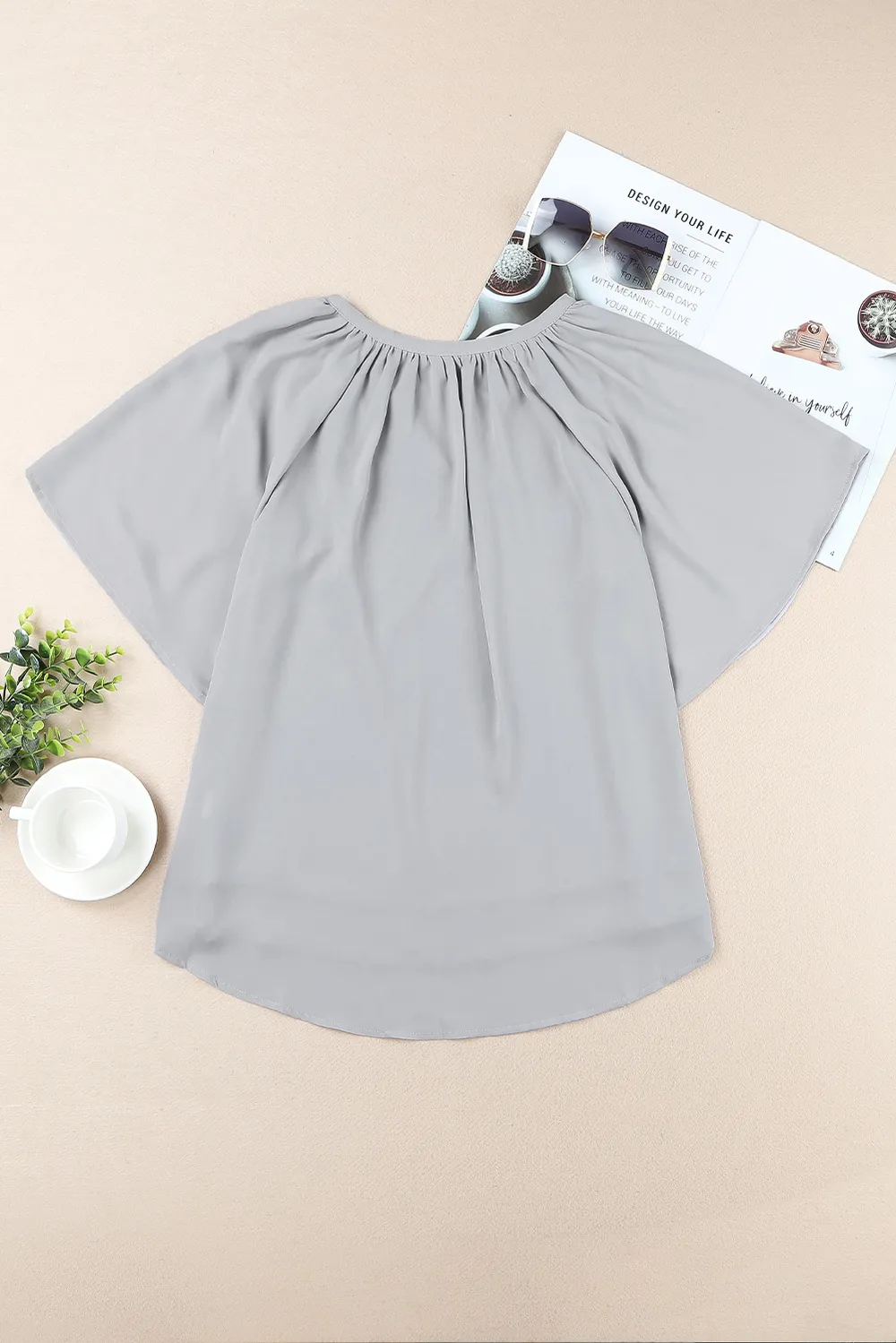 Gathered Detail Notched Neck Flutter Sleeve Top, image 26