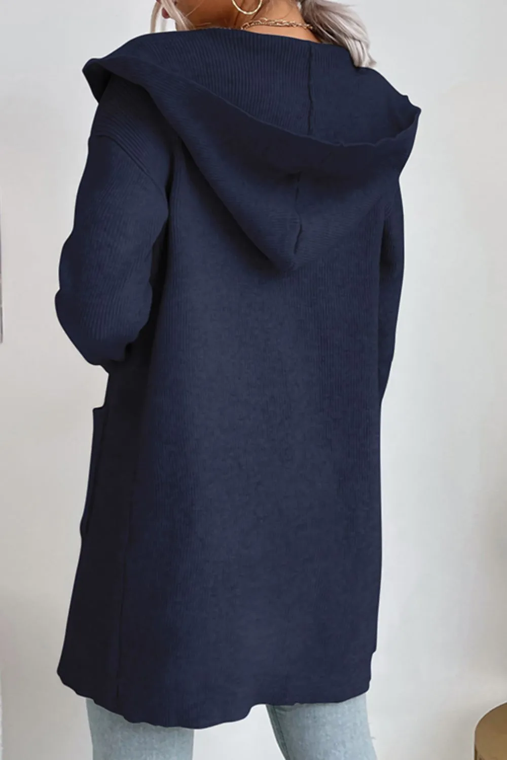 Ribbed Open Front Hooded Cardigan with Pockets, image 9