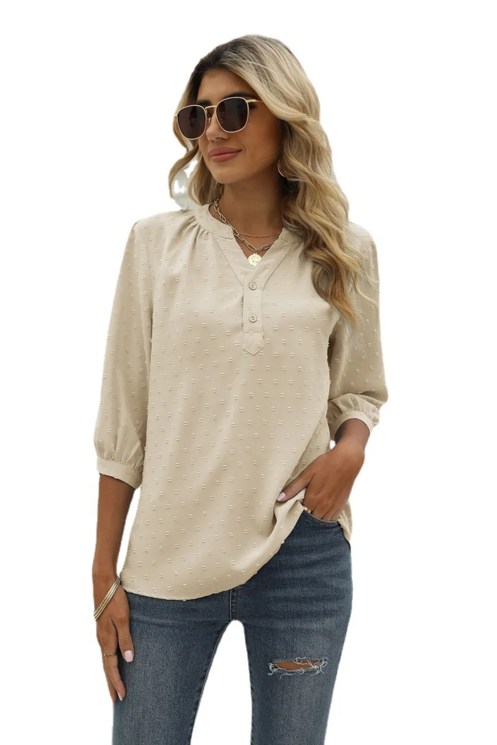Swiss Dot Notched Neck Three-Quarter Sleeve Blouse, image 25
