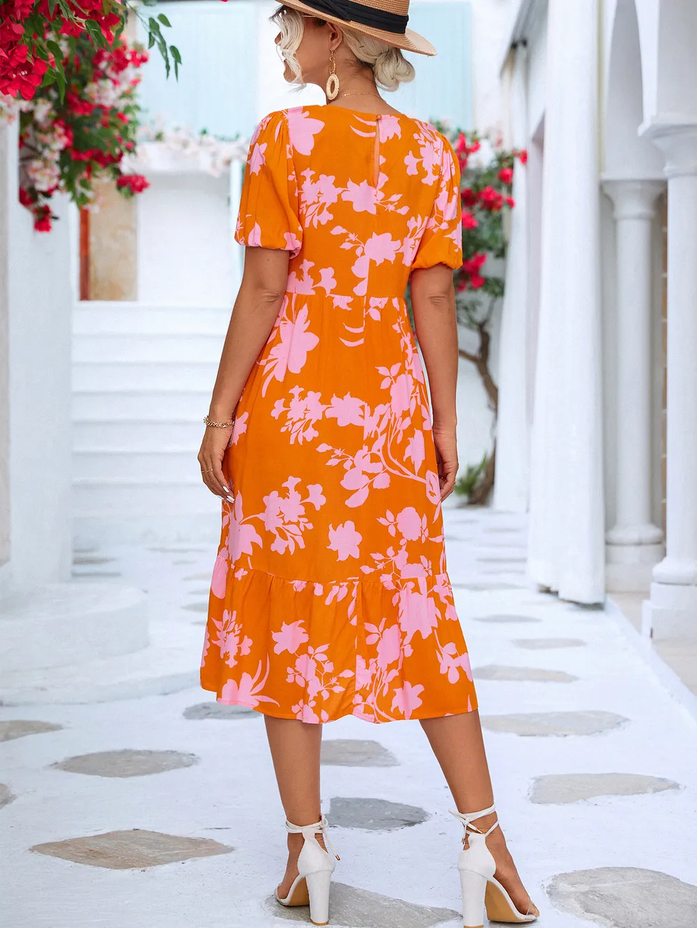 Floral Puff Sleeve Ruffle Hem Midi Dress, image 11