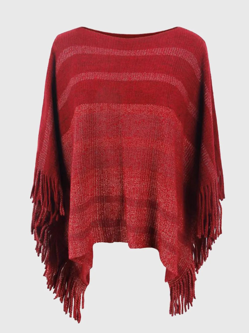 Striped Boat Neck Poncho with Fringes, image 10