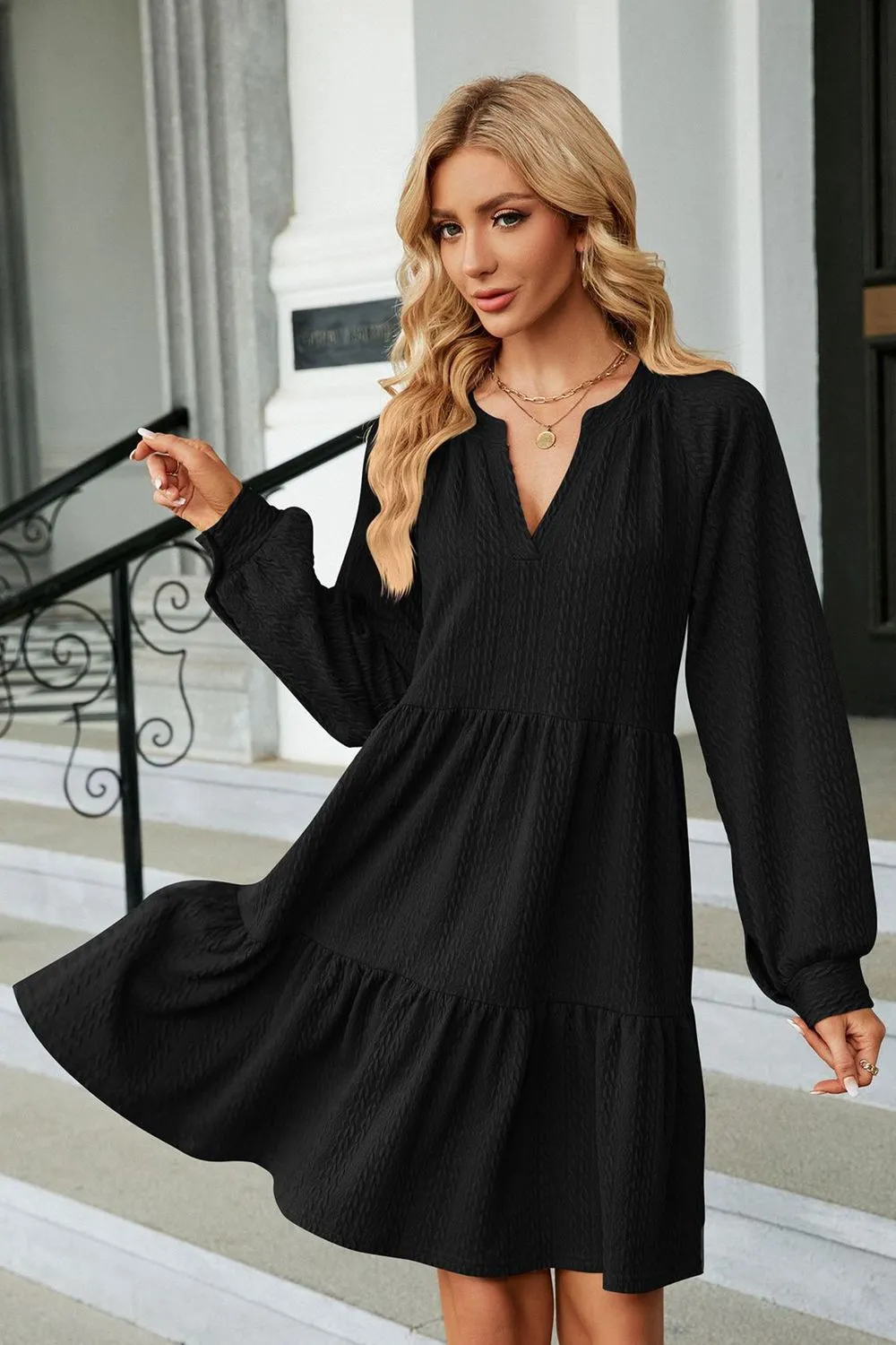 Notched Neck Long Sleeve Mini Dress, image 14