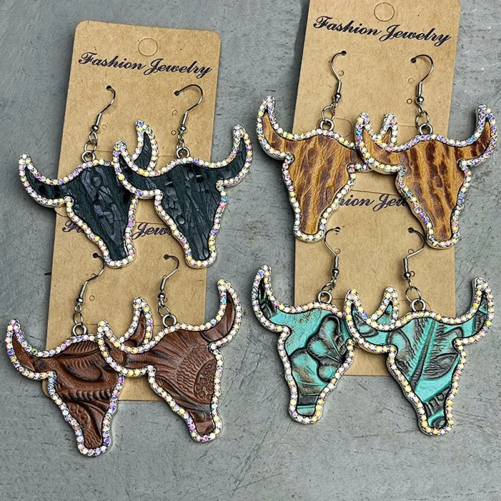 Rhinestone Trim Alloy Bull Earrings, image 6
