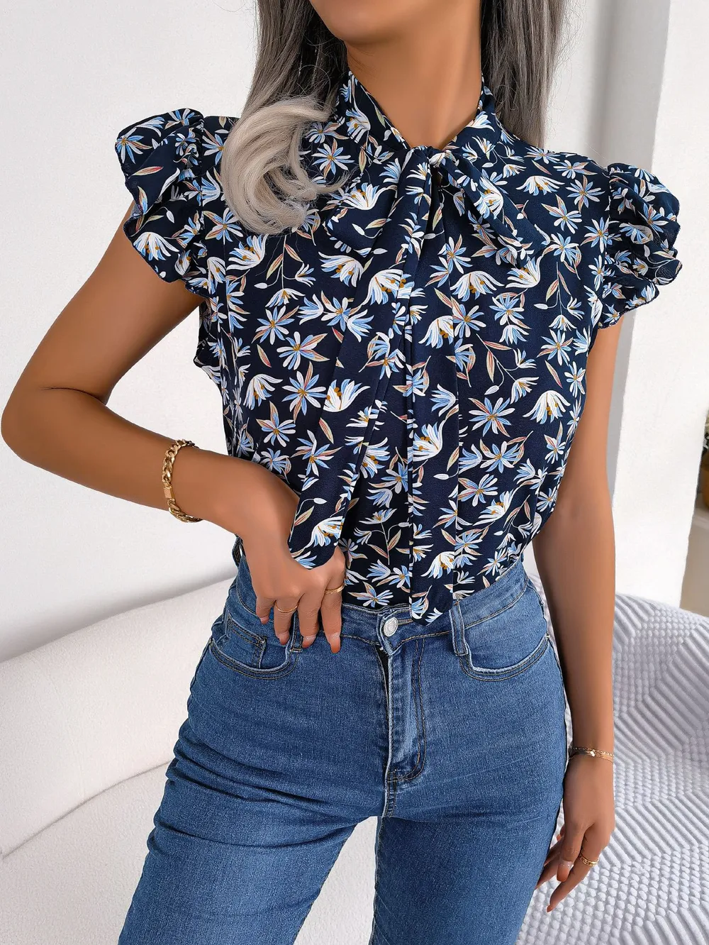Floral Tie Neck Flutter Sleeve Blouse, image 8