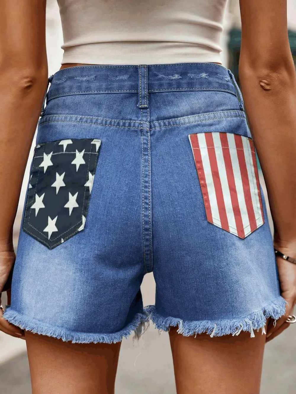 American Flag Raw Hem Denim Shorts with Pockets, image 7