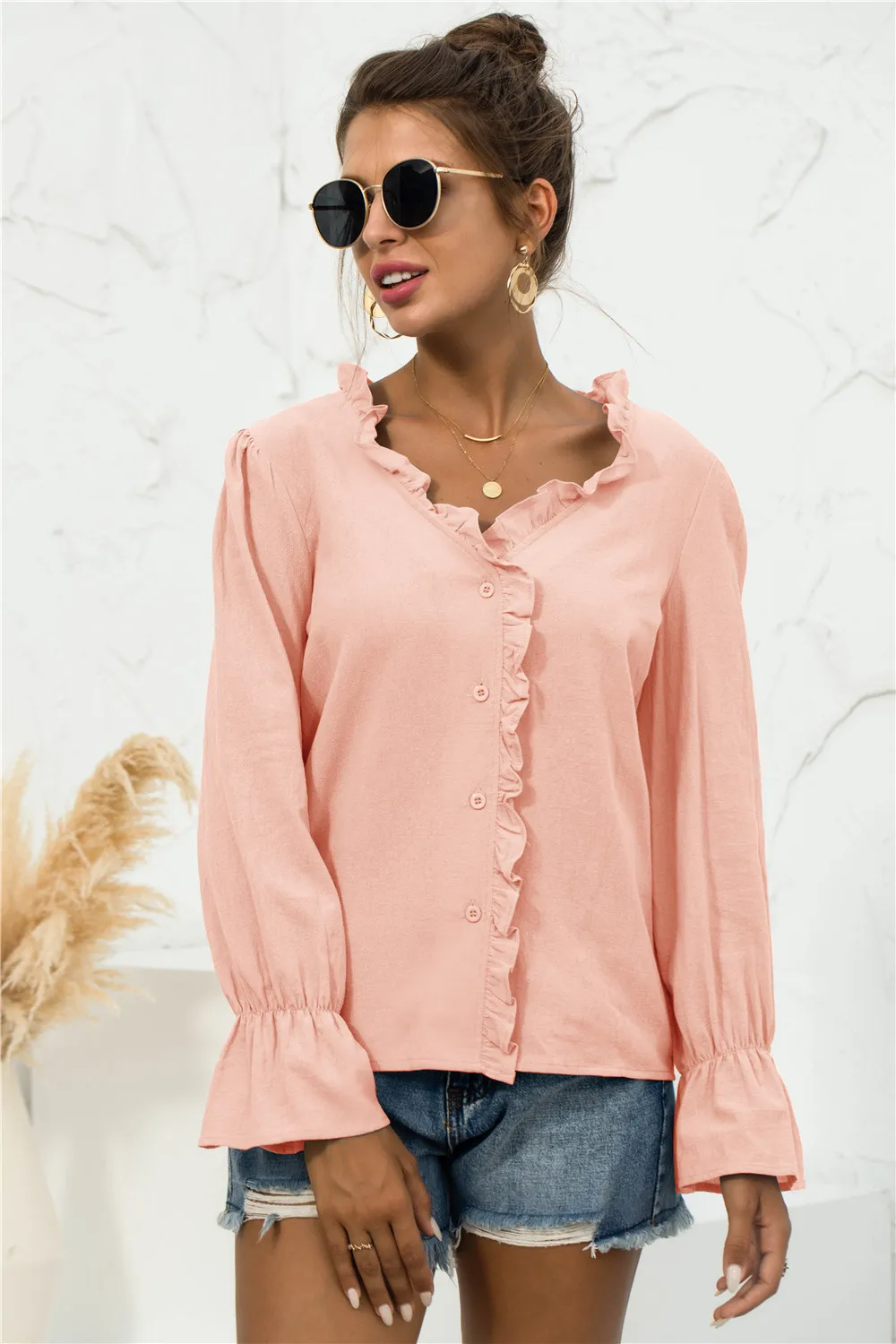 Frill Trim V-Neck Flounce Sleeve Shirt, image 4