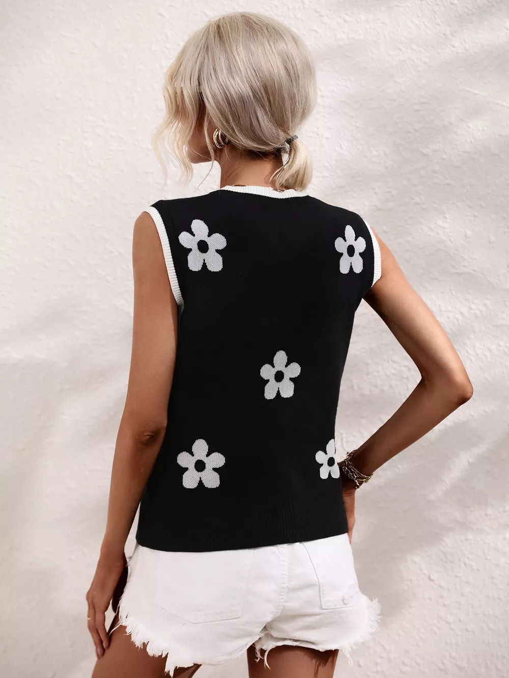Floral Contrast Ribbed Trim Sweater Vest, image 13