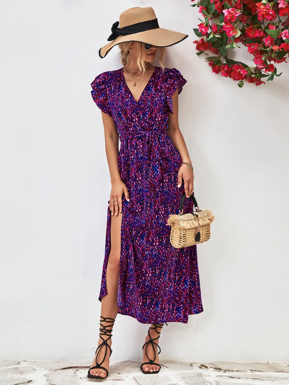 Printed Surplice Neck Flutter Sleeve Slit Dress, image 14