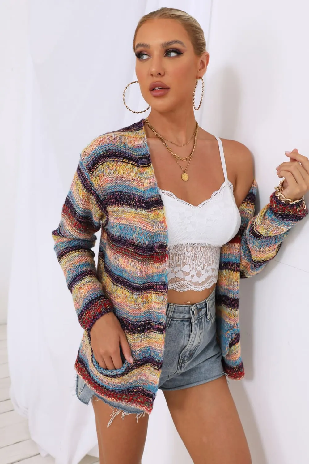 Striped Long Sleeve Open Front Cardigan, image 4