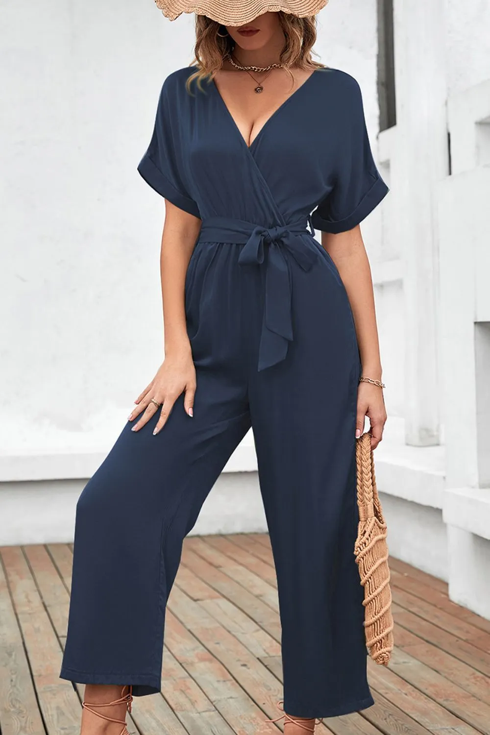 Tie Waist Surplice Wide Leg Jumpsuit, image 4