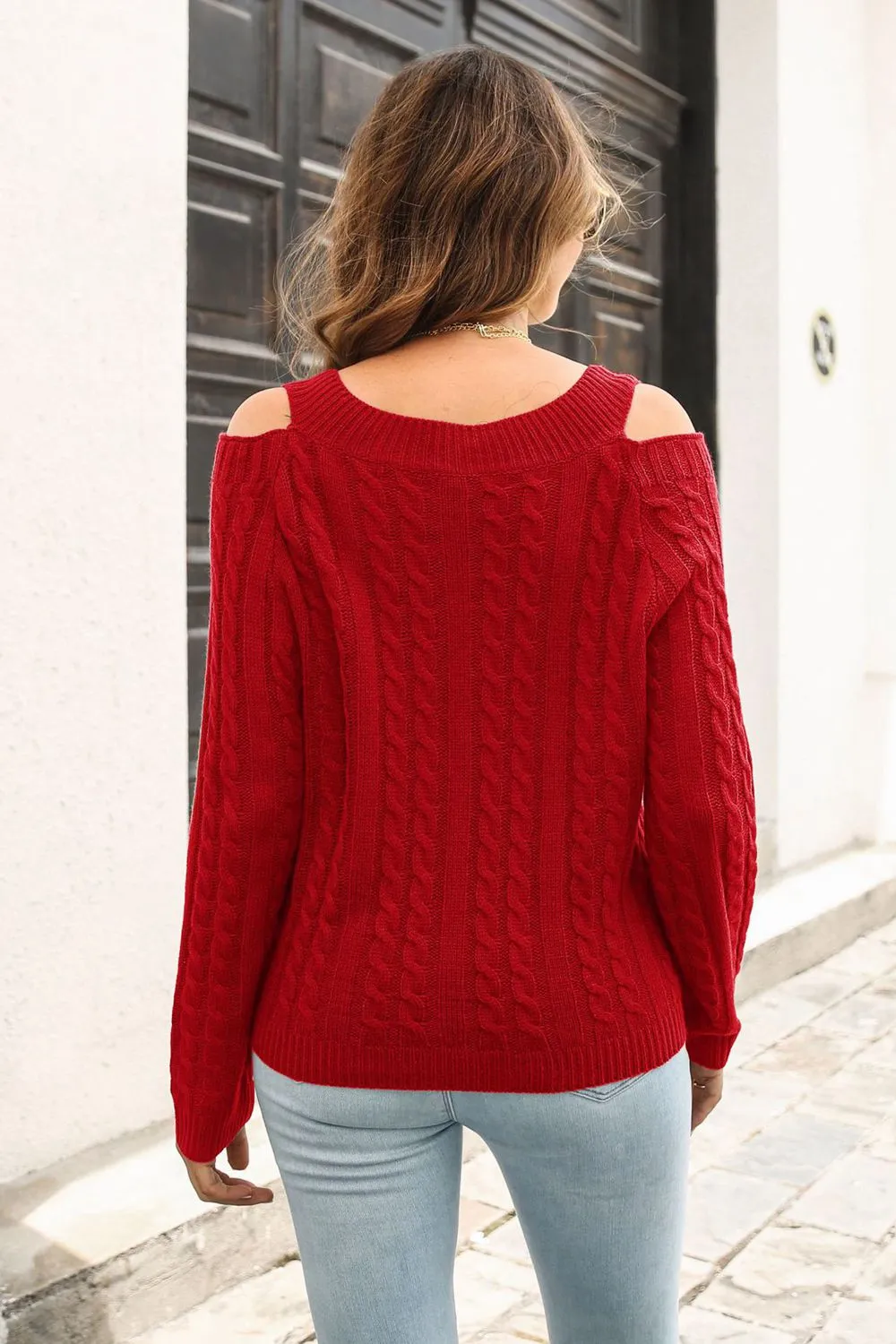 Cold Shoulder V-Neck Cable-Knit Pullover Sweater, image 10