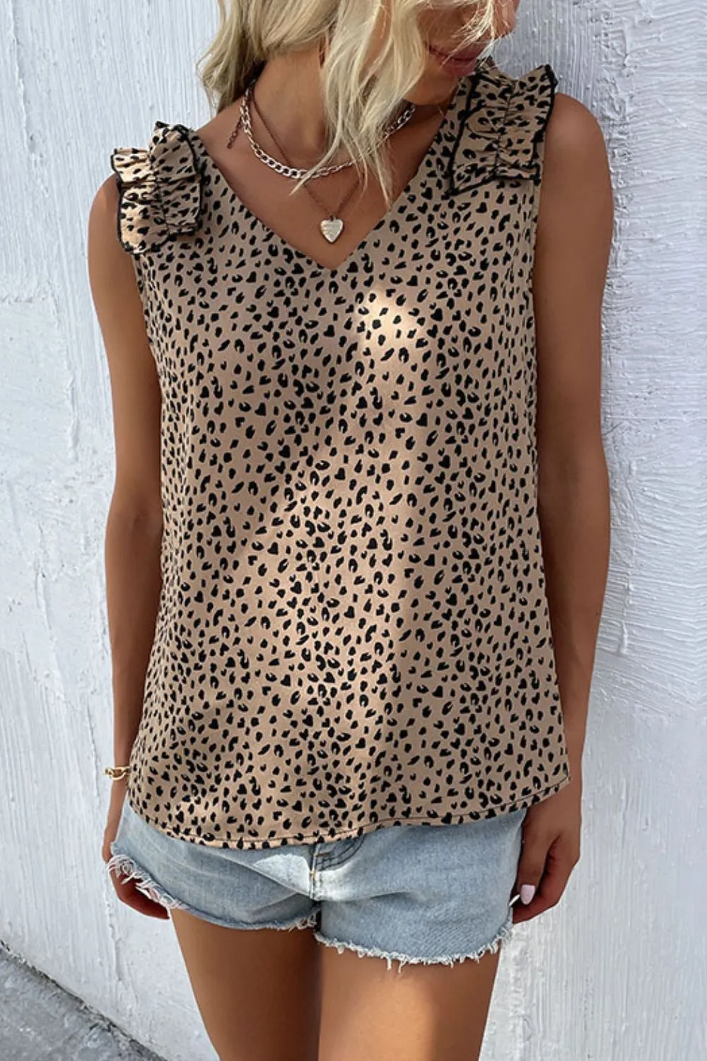 Leopard Frill Trim V-Neck Tank, image 4