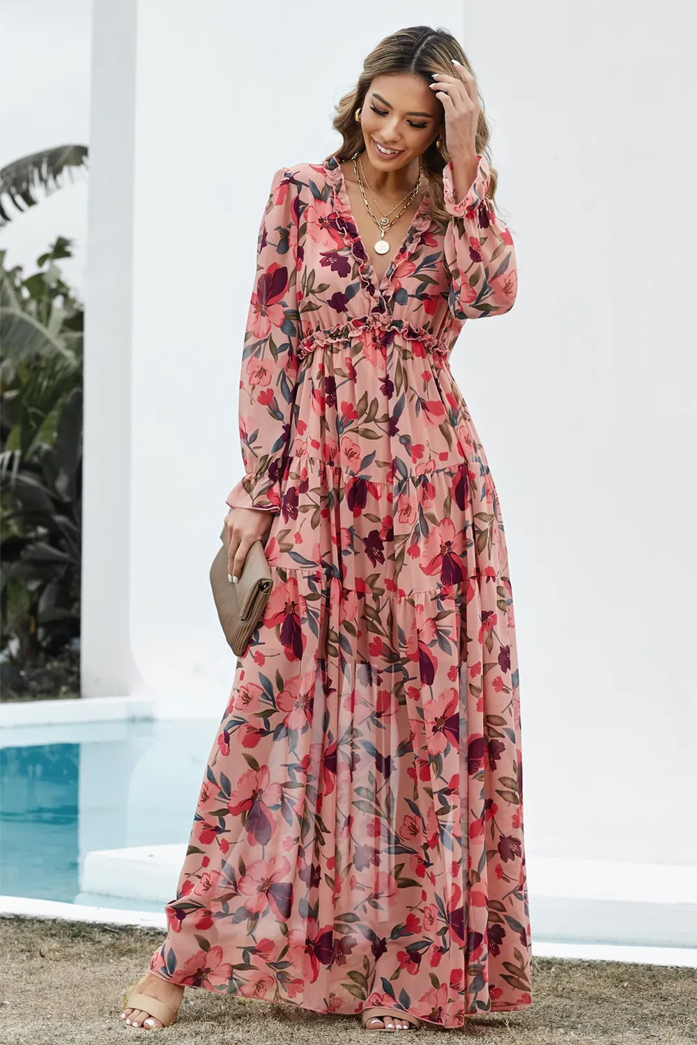 Floral Frill Trim Flounce Sleeve Plunge Maxi Dress, image 10