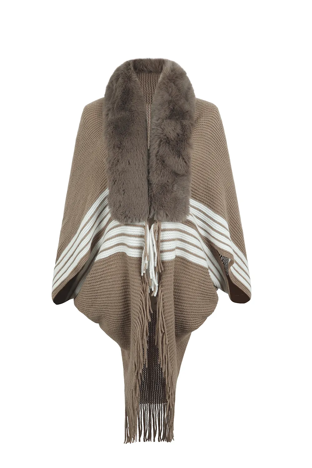 Striped Fringe Detail Long Sleeve Poncho, image 5