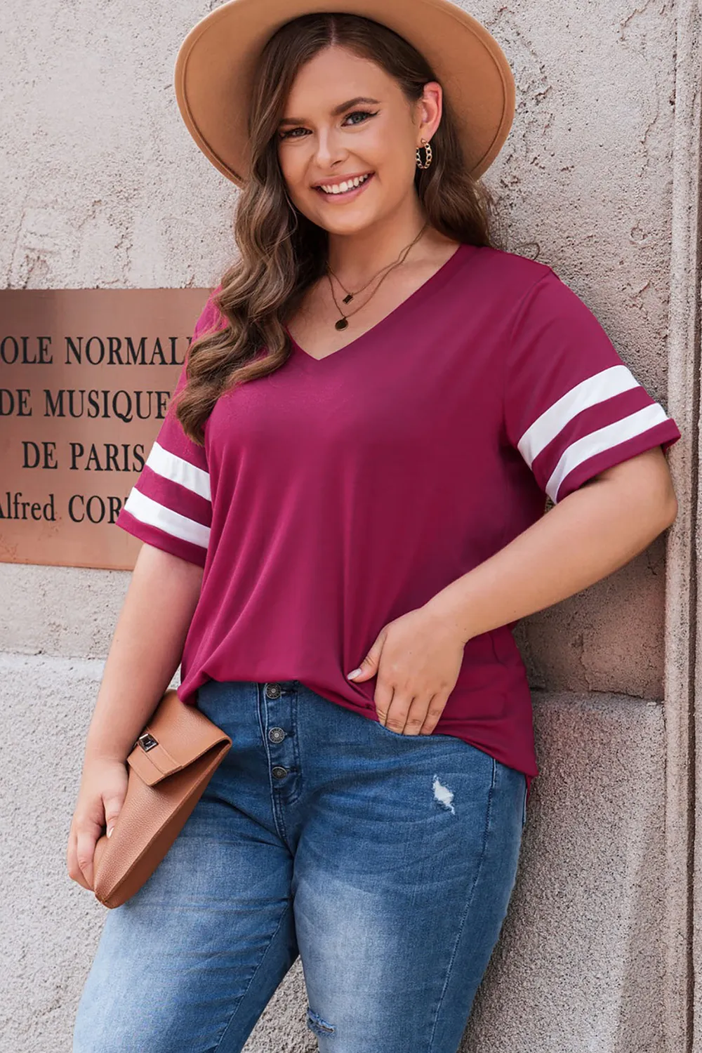 Plus Size Striped V-Neck Tee Shirt, image 31