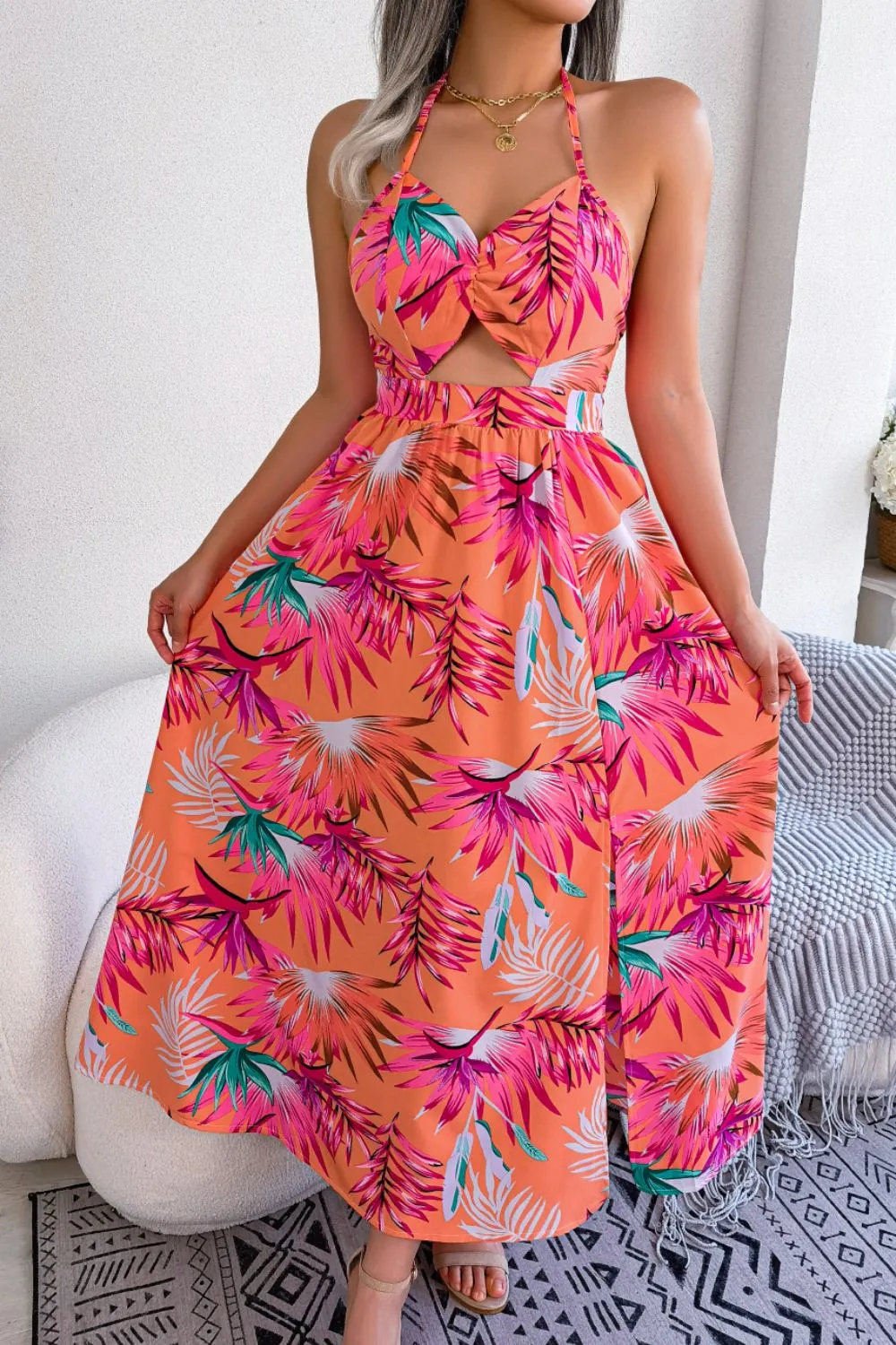 Botanical Print Tied Backless Cutout Slit Dress, image 5