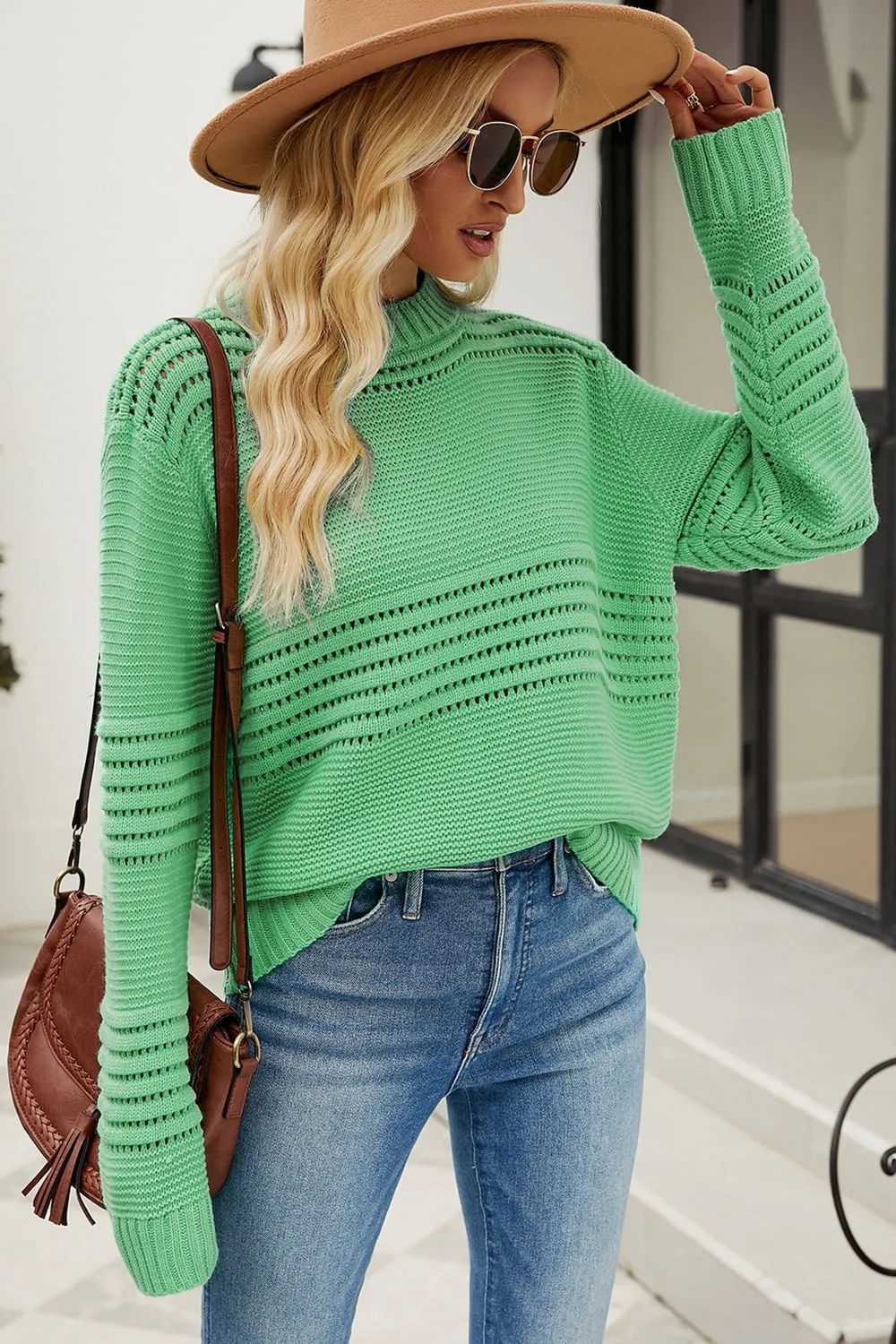Round Neck Openwork Long Sleeve Pullover Sweater, image 8