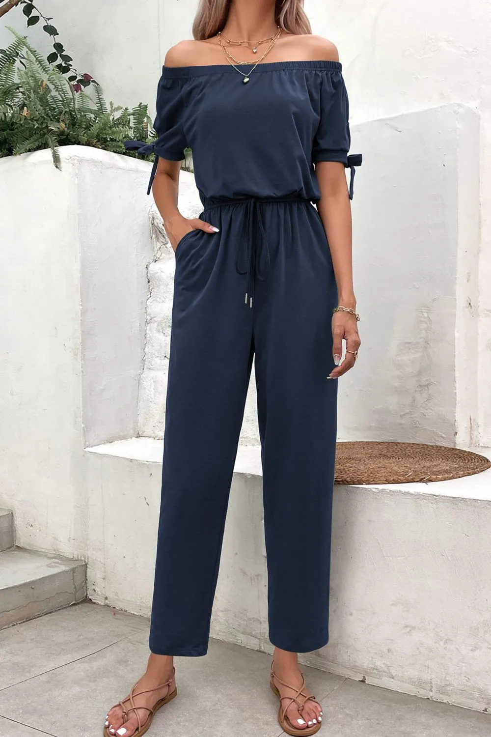 Off-Shoulder Tie Cuff Jumpsuit with Pockets, image 10